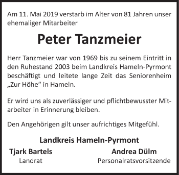 Traueranzeige von Peter Tanzmeier von Deister- und Weserzeitung