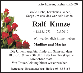 Traueranzeige von Ralf Kunze von Deister- und Weserzeitung