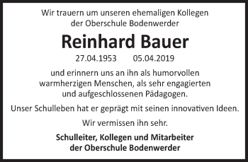 Traueranzeige von Reinhard Bauer von Deister- und Weserzeitung