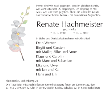 Traueranzeige von Renate Hachmeister von Deister- und Weserzeitung