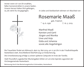 Traueranzeige von Rosemarie Maaß von Deister- und Weserzeitung