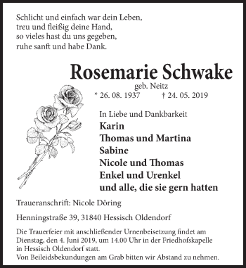 Traueranzeige von Rosemarie Schwake von Deister- und Weserzeitung