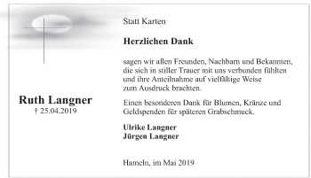 Traueranzeige von Ruth Langner von Deister- und Weserzeitung