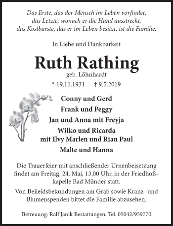 Traueranzeige von Ruth Rathing von Neue Deister-Zeitung