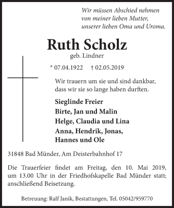 Traueranzeige von Ruth Scholz von Neue Deister-Zeitung