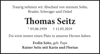 Traueranzeige von Thomas Seitz von Deister- und Weserzeitung