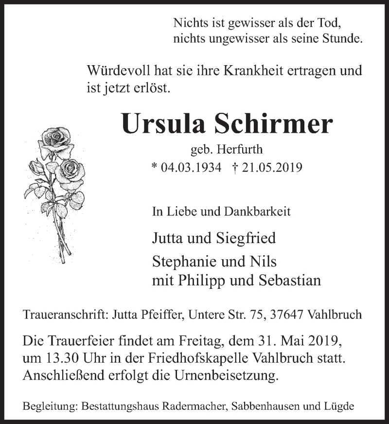  Traueranzeige für Ursula Schirmer vom 25.05.2019 aus Deister- und Weserzeitung
