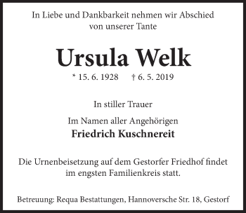 Traueranzeige von Ursula Welk von Deister- und Weserzeitung