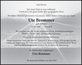 Traueranzeige von Ute Brommer von Deister- und Weserzeitung