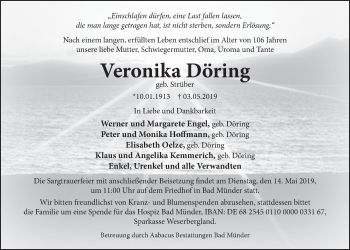 Traueranzeige von Veronika Döring von Deister- und Weserzeitung
