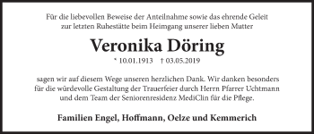 Traueranzeige von Veronika Döring von Deister- und Weserzeitung