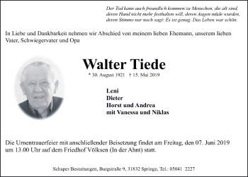 Traueranzeige von Walter Tiede von Neue Deister-Zeitung