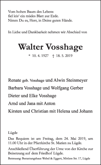 Traueranzeige von Walter Vosshage von Deister- und Weserzeitung