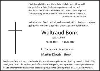 Traueranzeige von Waltraud Bonk von Deister- und Weserzeitung