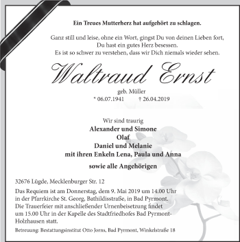 Traueranzeige von Waltraud Ernst von Deister- und Weserzeitung