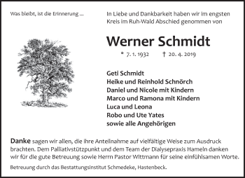 Traueranzeige von Werner Schmidt von Deister- und Weserzeitung