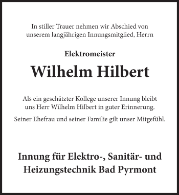 Traueranzeige von Wilhelm Hilbert von Deister- und Weserzeitung