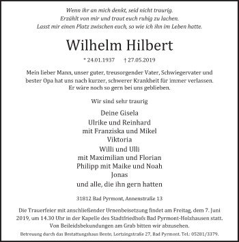 Traueranzeige von Wilhelm Hilbert von Deister- und Weserzeitung