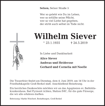 Traueranzeige von Wilhelm Siever von Deister- und Weserzeitung