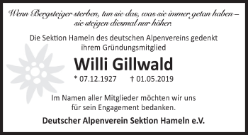 Traueranzeige von Willi Gillwald von Deister- und Weserzeitung