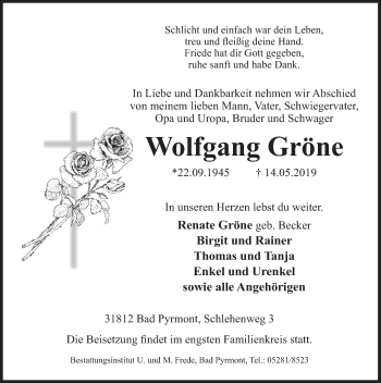 Traueranzeige von Wolfgang Gröne von Deister- und Weserzeitung