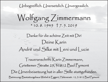 Traueranzeige von Wolfgang Zimmermann von Neue Deister-Zeitung
