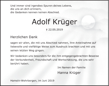 Traueranzeige von Adolf Krüger von Deister- und Weserzeitung
