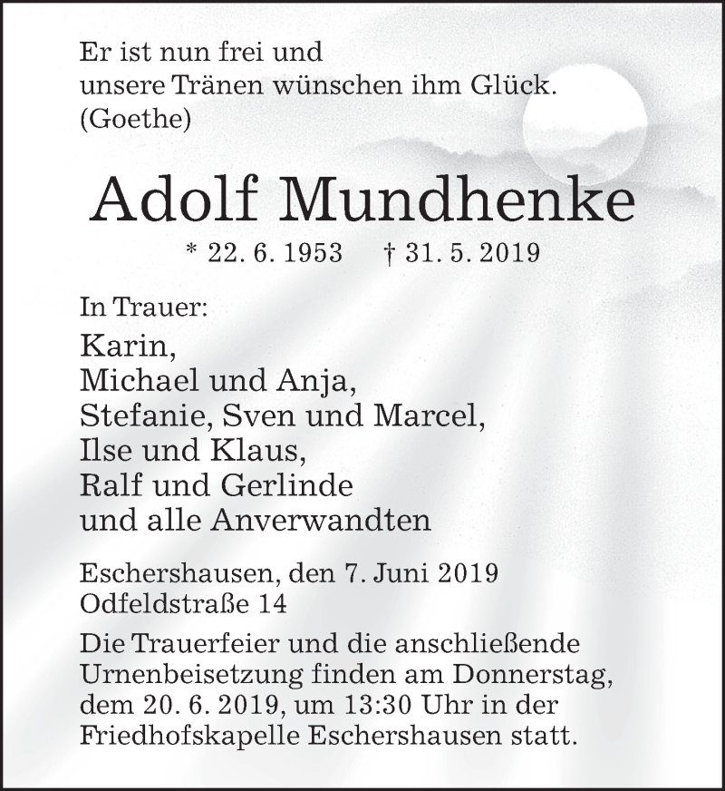  Traueranzeige für Adolf Mundhenke vom 15.06.2019 aus Deister- und Weserzeitung
