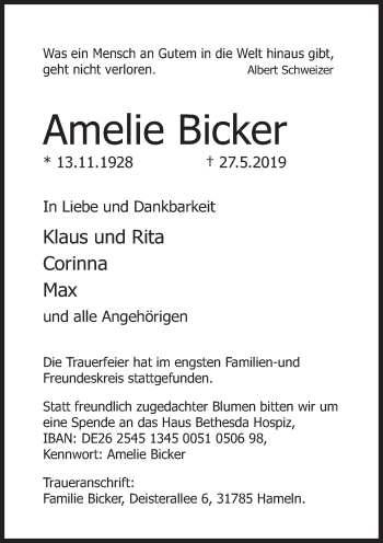 Traueranzeige von Amelie Bicker von Deister- und Weserzeitung