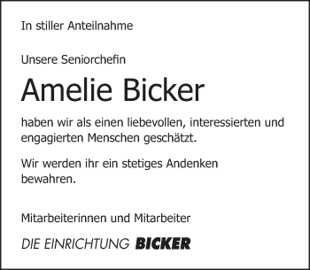 Traueranzeige von Amelie Bicker von Deister- und Weserzeitung