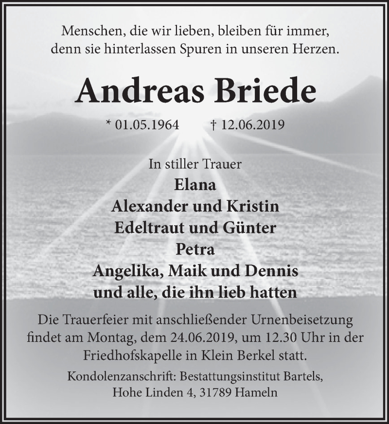  Traueranzeige für Andreas Briede vom 19.06.2019 aus Deister- und Weserzeitung