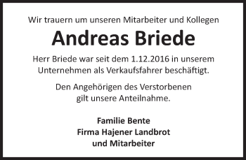 Traueranzeige von Andreas Briede von Deister- und Weserzeitung