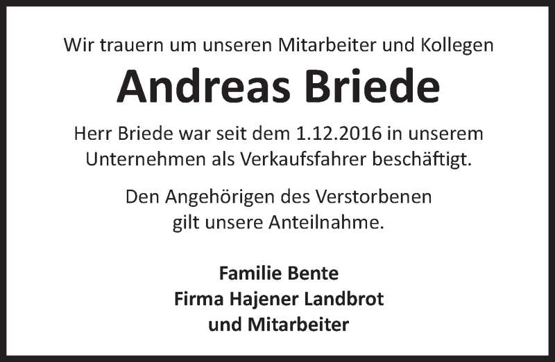  Traueranzeige für Andreas Briede vom 20.06.2019 aus Deister- und Weserzeitung