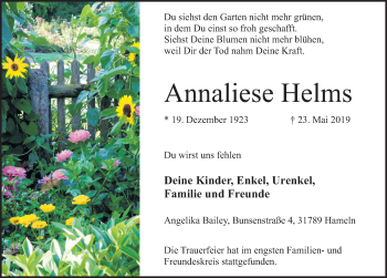 Traueranzeige von Annaliese Helms von Deister- und Weserzeitung