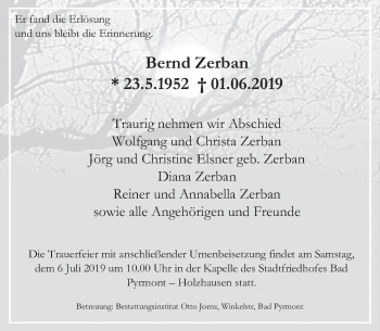 Traueranzeige von Bernd Zerban von Deister- und Weserzeitung