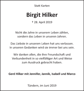 Traueranzeige von Birgit Hilker von Deister- und Weserzeitung