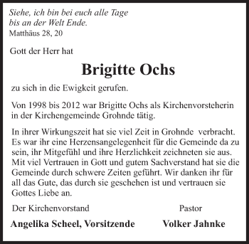 Traueranzeige von Brigitte Ochs von Deister- und Weserzeitung