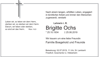 Traueranzeige von Brigitte Ochs von Deister- und Weserzeitung
