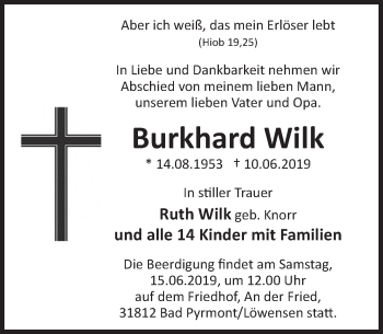 Traueranzeige von Burkhard Wilk von Deister- und Weserzeitung