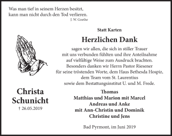 Traueranzeige von Christa Schunicht von Deister- und Weserzeitung
