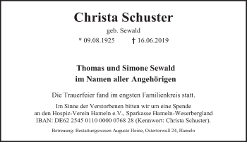 Traueranzeige von Christa Schuster von Deister- und Weserzeitung