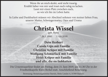 Traueranzeige von Christa Wissel von Deister- und Weserzeitung