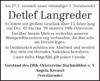 Traueranzeige von Detlef Langreder von Neue Deister-Zeitung