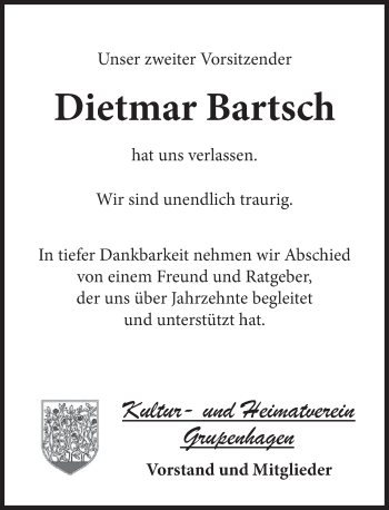 Traueranzeige von Dietmar Bartsch von Deister- und Weserzeitung