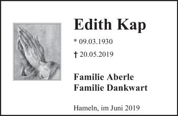 Traueranzeige von Edith Kap von Deister- und Weserzeitung