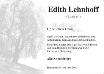 Traueranzeige von Edith Lehnhoff von Deister- und Weserzeitung