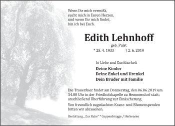 Traueranzeige von Edith Lehnhoff von Deister- und Weserzeitung
