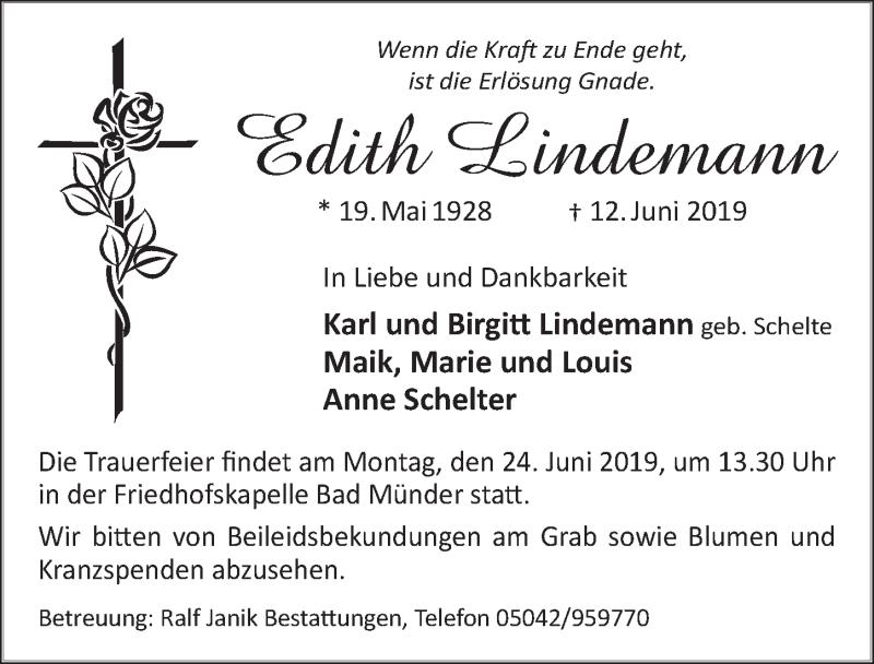  Traueranzeige für Edith Lindemann vom 22.06.2019 aus Neue Deister-Zeitung