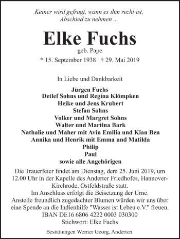 Traueranzeige von Elke Fuchs von Neue Deister-Zeitung