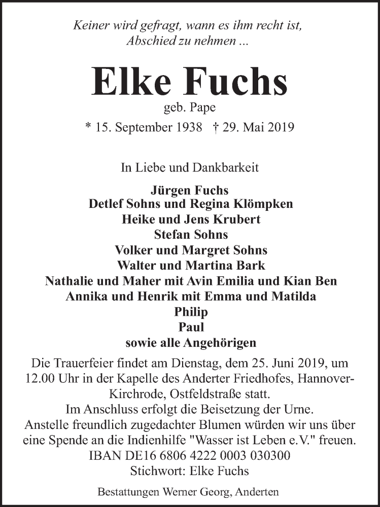  Traueranzeige für Elke Fuchs vom 15.06.2019 aus Neue Deister-Zeitung
